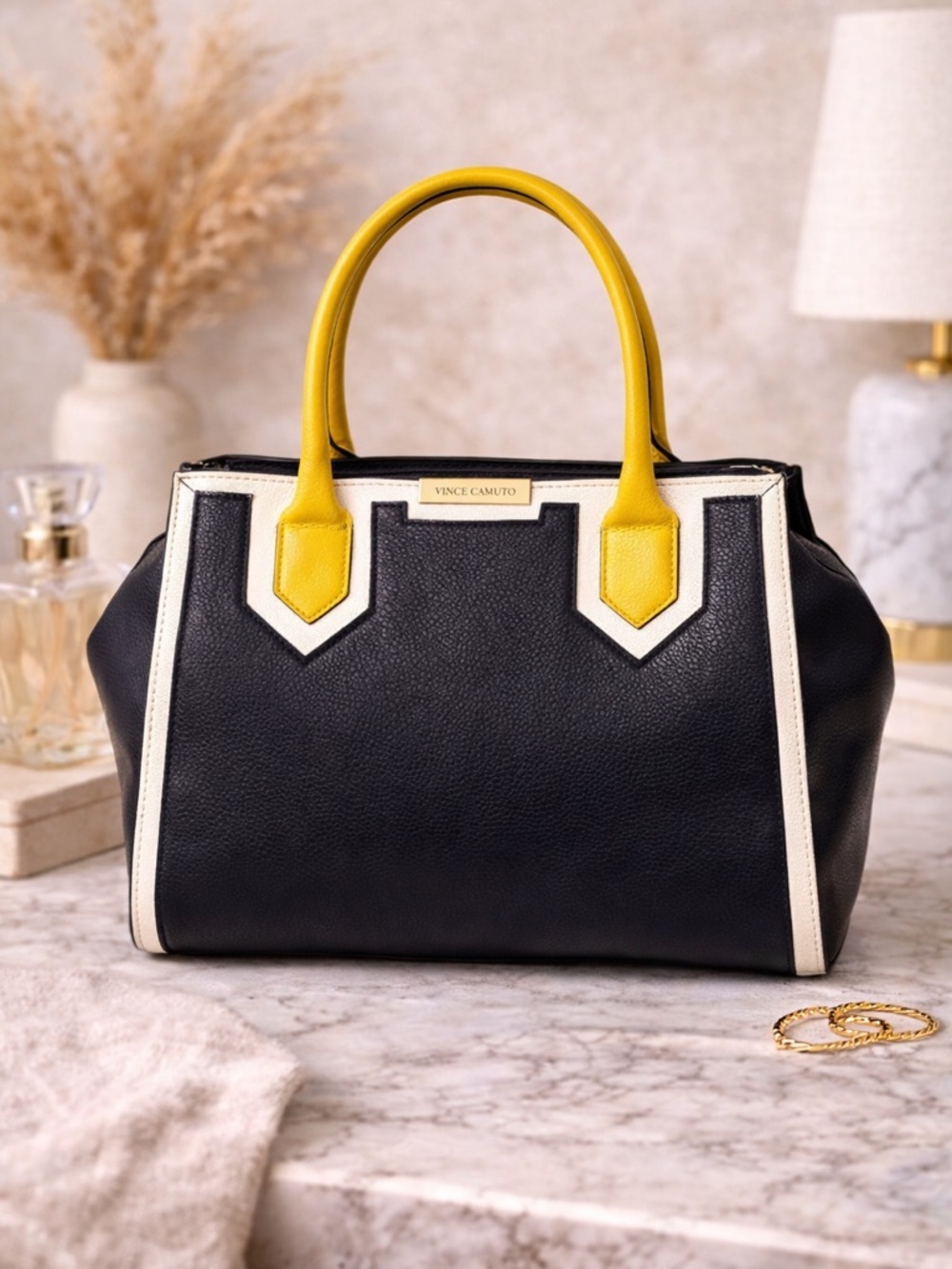 Vince Camuto Navy White Yellow Leather Satchel Structured handbag